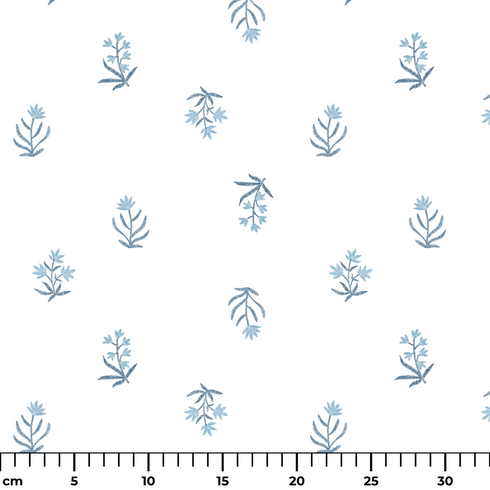 Patrón delicado con pequeñas ramas azules dispersas sobre fondo blanco, estilo botánico minimalista ruler cm