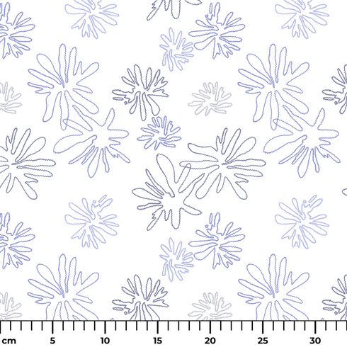 Patrón de flores estilizadas en líneas moradas sobre fondo blanco, diseño floral minimalista y delicado ruler cm