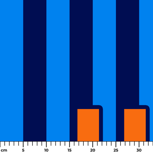 Palabra "HOLA" en naranja sobre fondo de rayas verticales azules y azul marino ruler cm