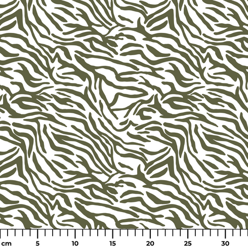 Estampado abstracto con rayas curvas en verde oliva sobre fondo blanco, estilo moderno ruler cm