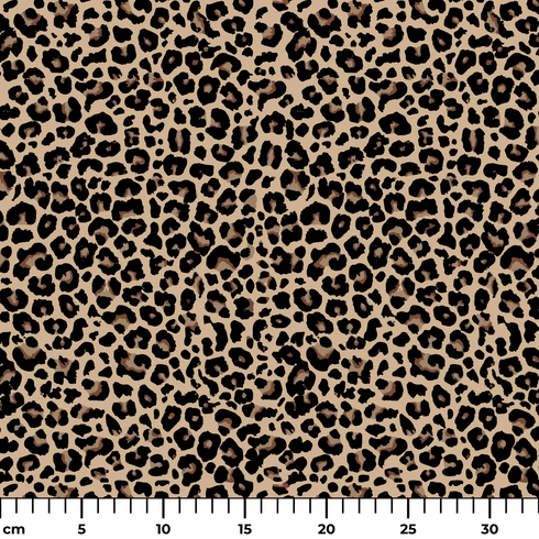 Estampado animal print de leopardo en café y beige sobre fondo negro ruler cm