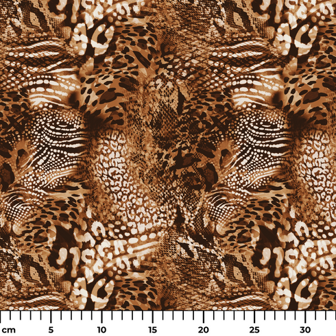 Estampado animal print con leopardo, serpientes y motivos abstractos en tonos café, negro y crema ruler cm