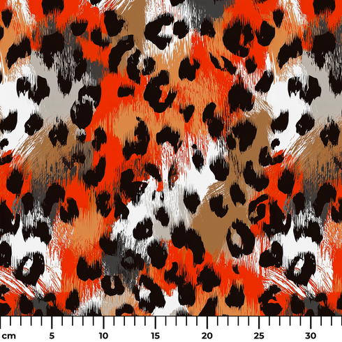 Estampado abstracto con manchas de leopardo en naranja, negro, blanco y café ruler cm