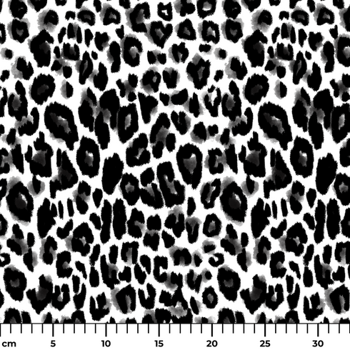 Patrón de leopardo negro sobre fondo blanco con manchas irregulares distribuidas verticalmente ruler cm