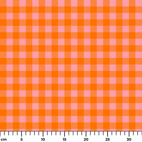 Patrón de cuadros en tonos naranja, rosado y coral vibrantes formando diseño de cuadrícula uniforme