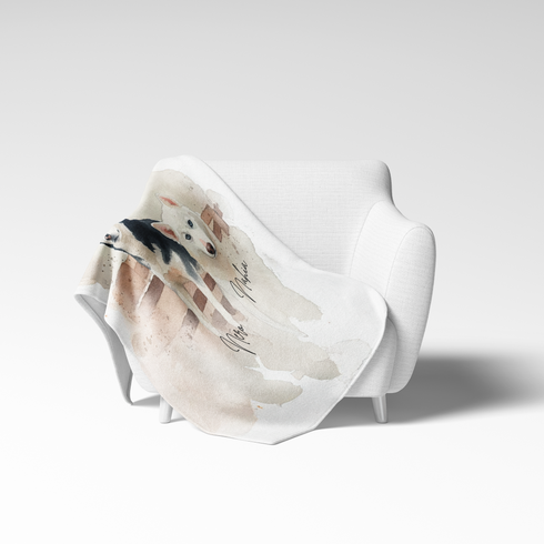 Dos perros, uno blanco y uno negro y blanco, recostados en un banco sobre fondo acuarela beige. sutex blanket chair