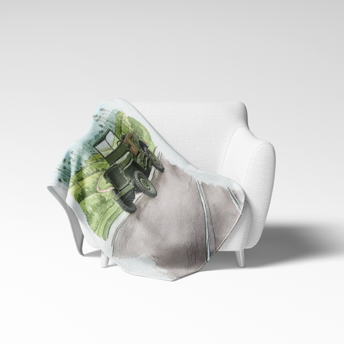 Ilustración acuarela de un camión militar verde en una carretera junto a un paisaje con palmeras y cielo azul. sutex blanket chair