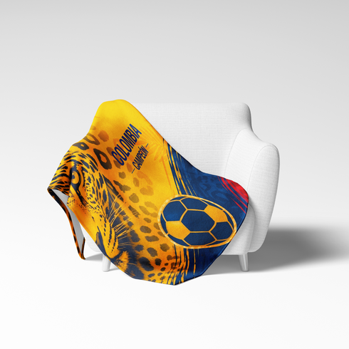 Diseño deportivo Colombia campeón con jaguar dorado, balón fútbol azul marino y amarillo vibrante sutex blanket chair new