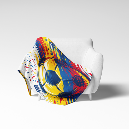 Balón de fútbol dinámico en amarillo y azul con líneas rojas vibrantes y estrellas explosivas sutex blanket chair new