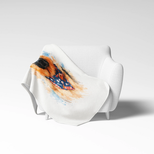 Un perro pastor alemán con un pañuelo azul con flores, ilustrado en acuarela sobre fondo naranja y azul. sutex blanket chair rotated