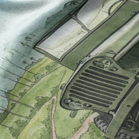 Ilustración acuarela de un camión militar verde en una carretera junto a un paisaje con palmeras y cielo azul. sutex blanket detail