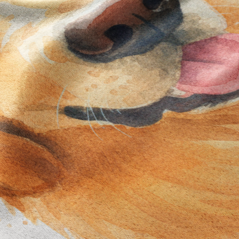 Retrato artístico de un perro Golden Retriever con pelaje dorado, lengua rosa y firma en la esquina. sutex blanket detail