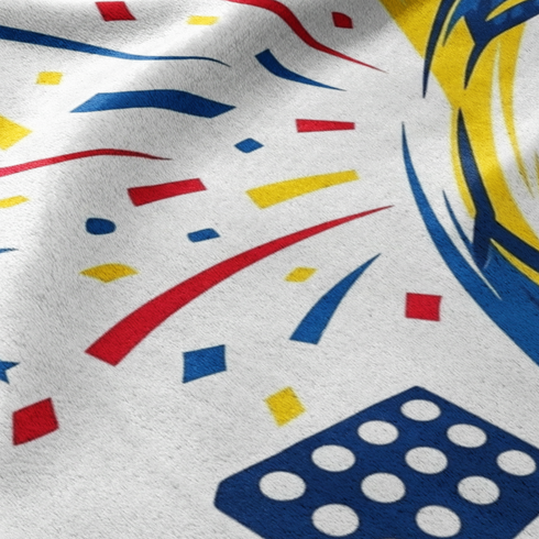 Balón de fútbol dinámico en amarillo y azul con líneas rojas vibrantes y estrellas explosivas sutex blanket detail new