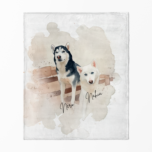 Dos perros, uno blanco y uno negro y blanco, recostados en un banco sobre fondo acuarela beige. sutex blanket fullview