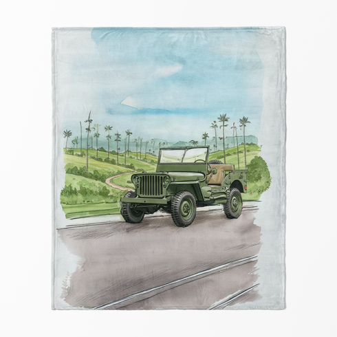 Ilustración acuarela de un camión militar verde en una carretera junto a un paisaje con palmeras y cielo azul. sutex blanket fullview