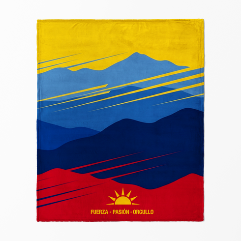 Montañas estilizadas en capas de azul y rojo con sol dorado, diseño gráfico inspirado en bandera colombiana sutex blanket fullview new