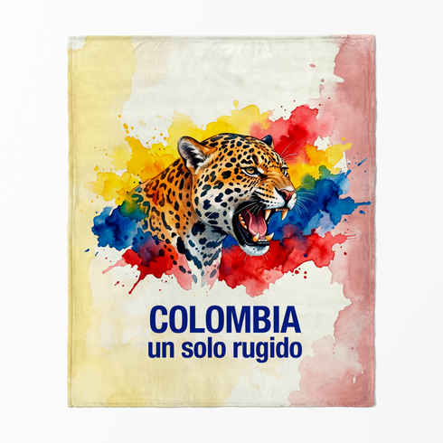 Jaguar rugiendo con manchas en salpicaduras de acuarela amarillo rojo azul, texto Colombia un solo rugido sutex blanket fullview new