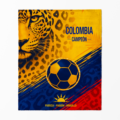 Diseño deportivo Colombia campeón con jaguar dorado, balón fútbol azul marino y amarillo vibrante sutex blanket fullview new