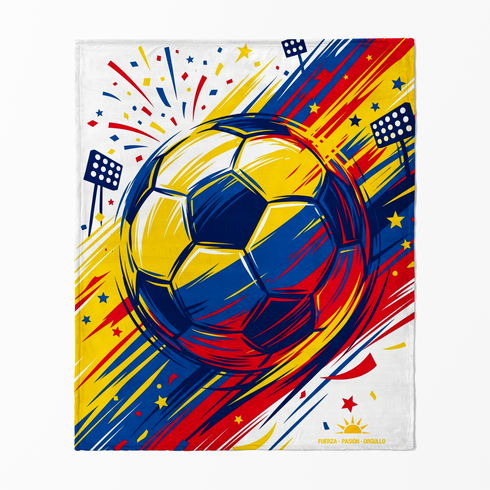 Balón de fútbol dinámico en amarillo y azul con líneas rojas vibrantes y estrellas explosivas sutex blanket fullview new