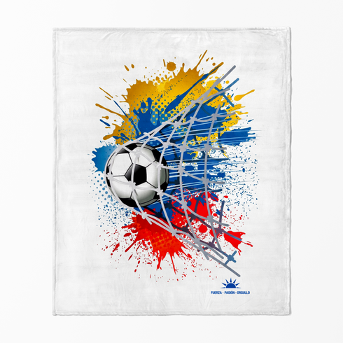 Balón de fútbol atravesando red con salpicaduras vibrantes en amarillo, azul y rojo sobre fondo blanco sutex blanket fullview new