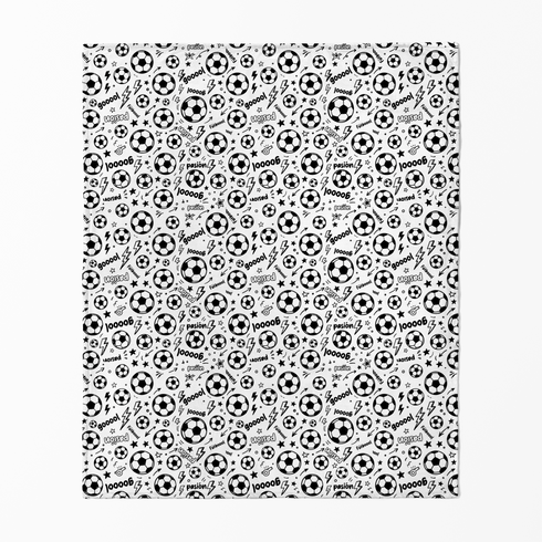 Patrón negro y blanco de fútbol con balones, estrellas, rayos y palabras de gol deportivas sutex blanket fullview new