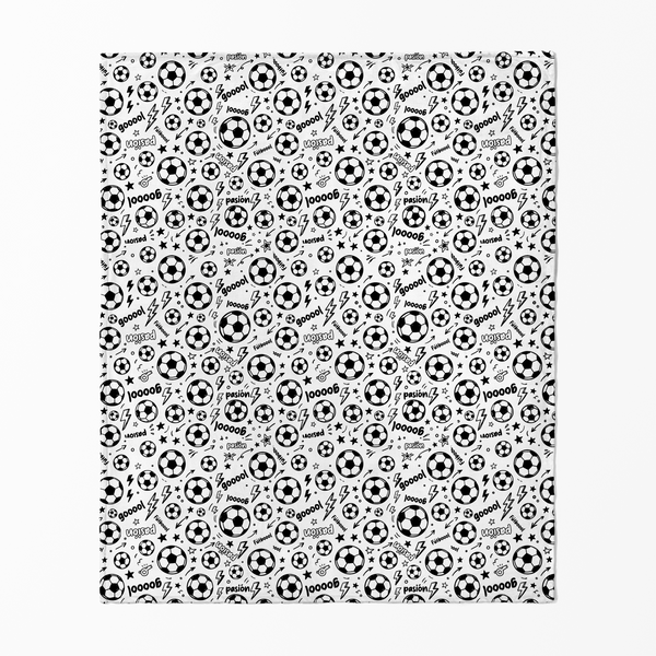 Patrón negro y blanco de fútbol con balones, estrellas, rayos y palabras de gol deportivas sutex blanket fullview new