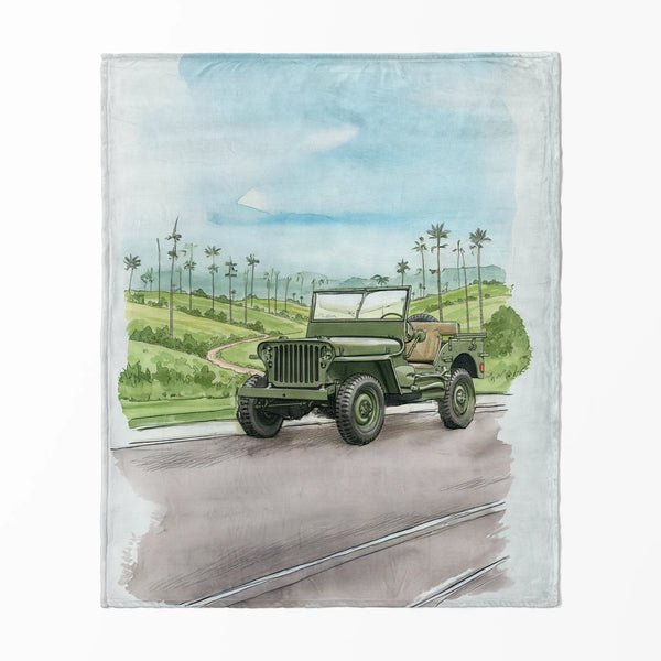 Ilustración acuarela de un camión militar verde en una carretera junto a un paisaje con palmeras y cielo azul.