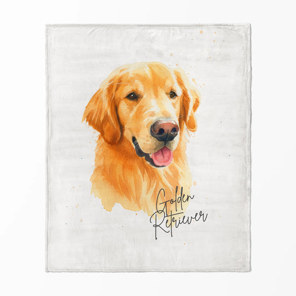 Retrato artístico de un perro Golden Retriever con pelaje dorado, lengua rosa y firma en la esquina.