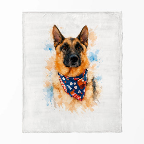 Un perro pastor alemán con un pañuelo azul con flores, ilustrado en acuarela sobre fondo naranja y azul. sutex blanket fullview rotated