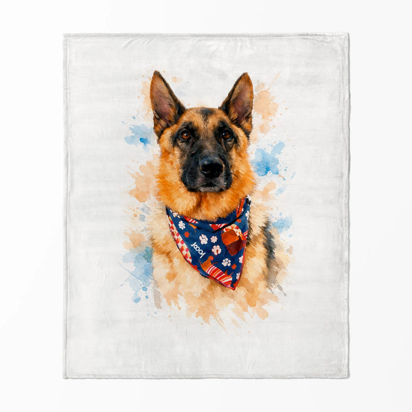 Un perro pastor alemán con un pañuelo azul con flores, ilustrado en acuarela sobre fondo naranja y azul.