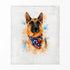 Un perro pastor alemán con un pañuelo azul con flores, ilustrado en acuarela sobre fondo naranja y azul. sutex blanket fullview rotated