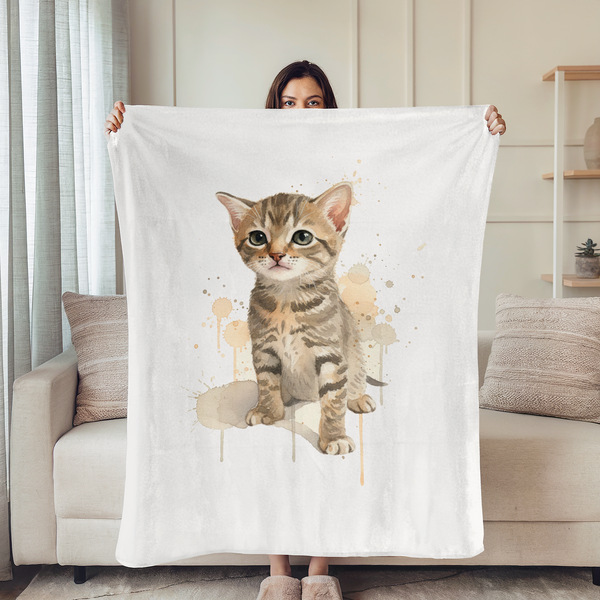 Tierno gatito atigrado acostado, ilustración acuarela con salpicaduras de color beige y tonos suaves. sutex blanket person