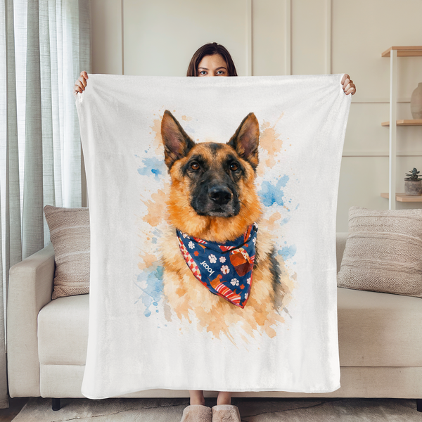 Un perro pastor alemán con un pañuelo azul con flores, ilustrado en acuarela sobre fondo naranja y azul. sutex blanket person