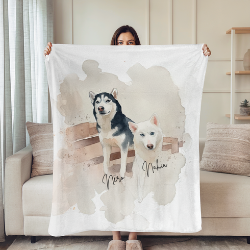 Dos perros, uno blanco y uno negro y blanco, recostados en un banco sobre fondo acuarela beige. sutex blanket person