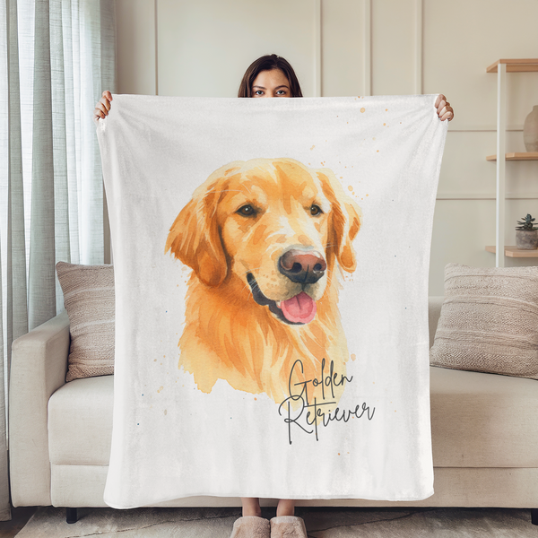 Retrato artístico de un perro Golden Retriever con pelaje dorado, lengua rosa y firma en la esquina. sutex blanket person