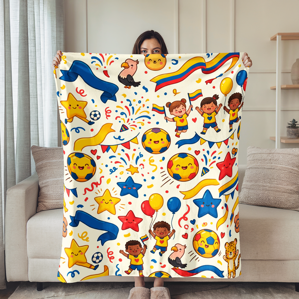 Patrón festivo con niños celebrando, emojis sonrientes, estrellas doradas y azules, serpentinas multicolor sutex blanket person new