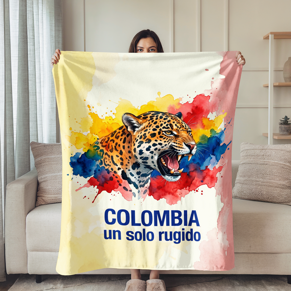 Jaguar rugiendo con manchas en salpicaduras de acuarela amarillo rojo azul, texto Colombia un solo rugido sutex blanket person new