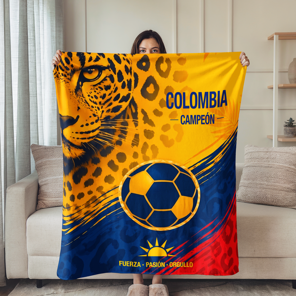 Diseño deportivo Colombia campeón con jaguar dorado, balón fútbol azul marino y amarillo vibrante sutex blanket person new