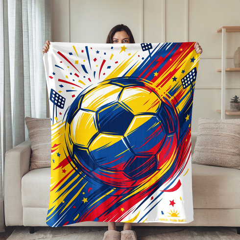 Balón de fútbol dinámico en amarillo y azul con líneas rojas vibrantes y estrellas explosivas sutex blanket person new
