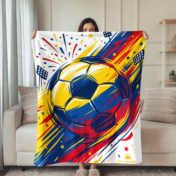 Balón de fútbol dinámico en amarillo y azul con líneas rojas vibrantes y estrellas explosivas sutex blanket person new