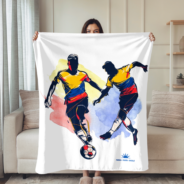 Dos futbolistas compitiendo por el balón en colores amarillo, azul y rojo con estilo deportivo dinámico sutex blanket person new