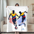 Dos futbolistas compitiendo por el balón en colores amarillo, azul y rojo con estilo deportivo dinámico sutex blanket person new