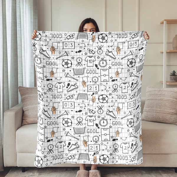 Patrón deportivo con elementos de fútbol, cronómetro, silbatos y marcadores en negro y blanco sutex blanket person new