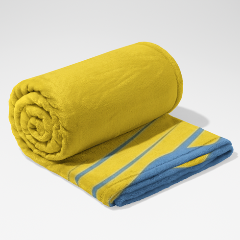 Montañas estilizadas en capas de azul y rojo con sol dorado, diseño gráfico inspirado en bandera colombiana sutex blanket rolled new