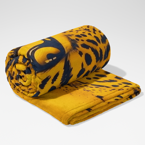 Diseño deportivo Colombia campeón con jaguar dorado, balón fútbol azul marino y amarillo vibrante sutex blanket rolled new