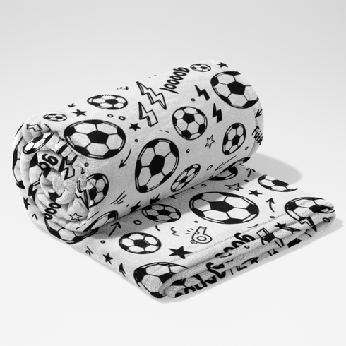 Patrón negro y blanco de fútbol con balones, estrellas, rayos y palabras de gol deportivas sutex blanket rolled new