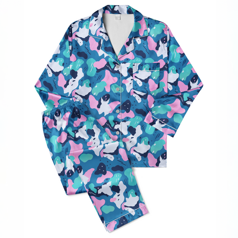 Patrón abstracto en tonos azul, turquesa, rosa y blanco con formas orgánicas superpuestas. sutex pajamas fullview mockup