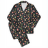 Patrón navideño con galletas decoradas en forma de estrellas, copos de nieve, árbol, casa y muñeco de jengibre sobre fondo negro. sutex pajamas fullview mockup
