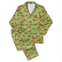 Patrón de perros salchichas marrones con bufandas rojas navideñas sobre fondo verde con estrellas blancas. sutex pajamas fullview mockup