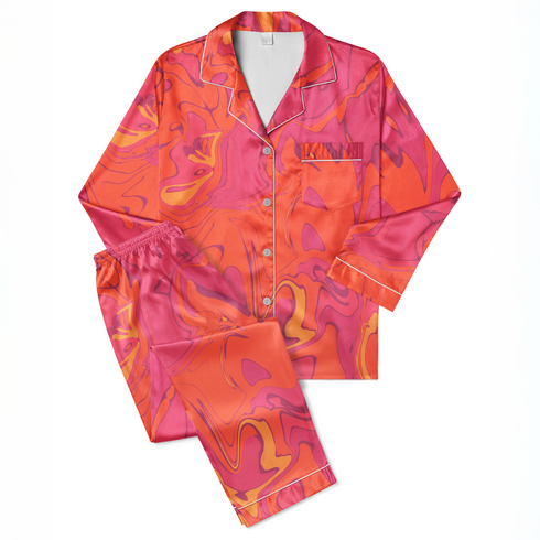 Patrón abstracto de colores vibrantes con tonos de rojo, naranja, púrpura y amarillo en forma de mármol líquido. sutex pajamas fullview mockup